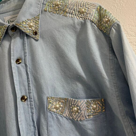 Patchington Vintage Pearl & Glitter Embellished Chambray Button Down M - Picture 3 of 6